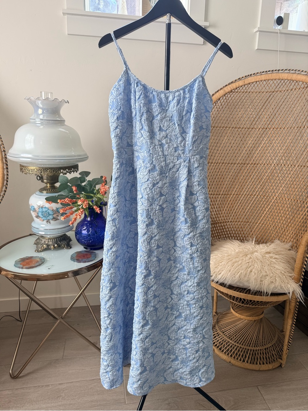 SHEIN / Floreya Light Blue Floral Textured Midi Dress • Size Medium - Picture 2 of 6
